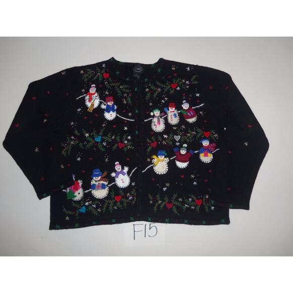 Studio Designer Originals Cardigan Sweater Large Snowmen Holiday Black -0316F15 - Picture 1 of 3